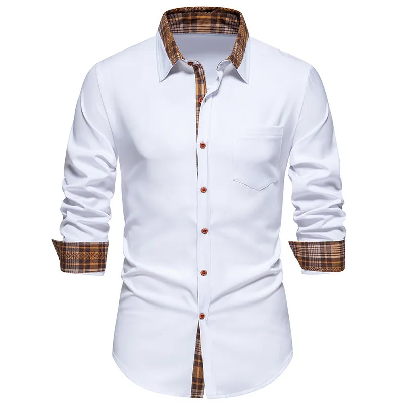 Men Turnover Collar Lattice Bicolor Long Sleeves Shirt