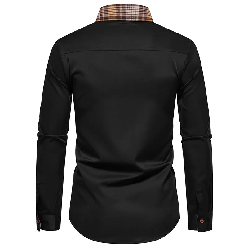 Men Turnover Collar Lattice Bicolor Long Sleeves Shirt