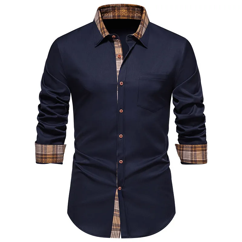 Men Turnover Collar Lattice Bicolor Long Sleeves Shirt