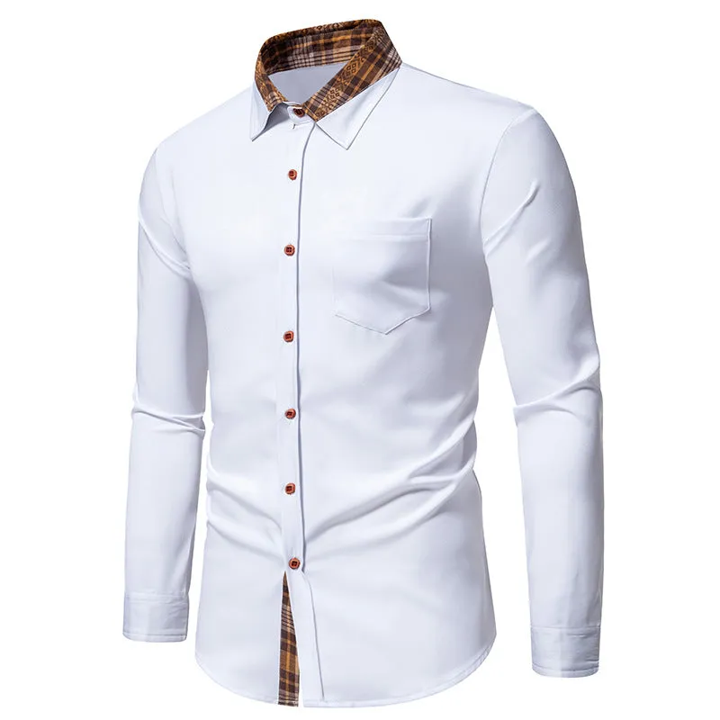 Men Turnover Collar Lattice Bicolor Long Sleeves Shirt