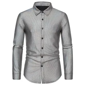 Men Turnover Collar Lattice Glossy Long Sleeves Shirt