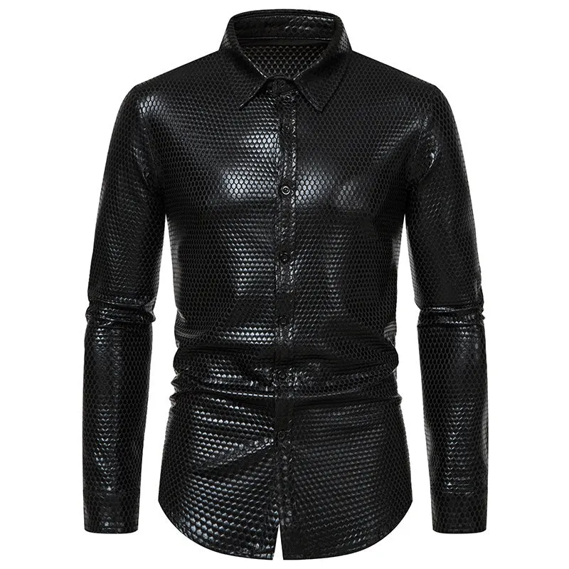 Men Turnover Collar Lattice Glossy Long Sleeves Shirt