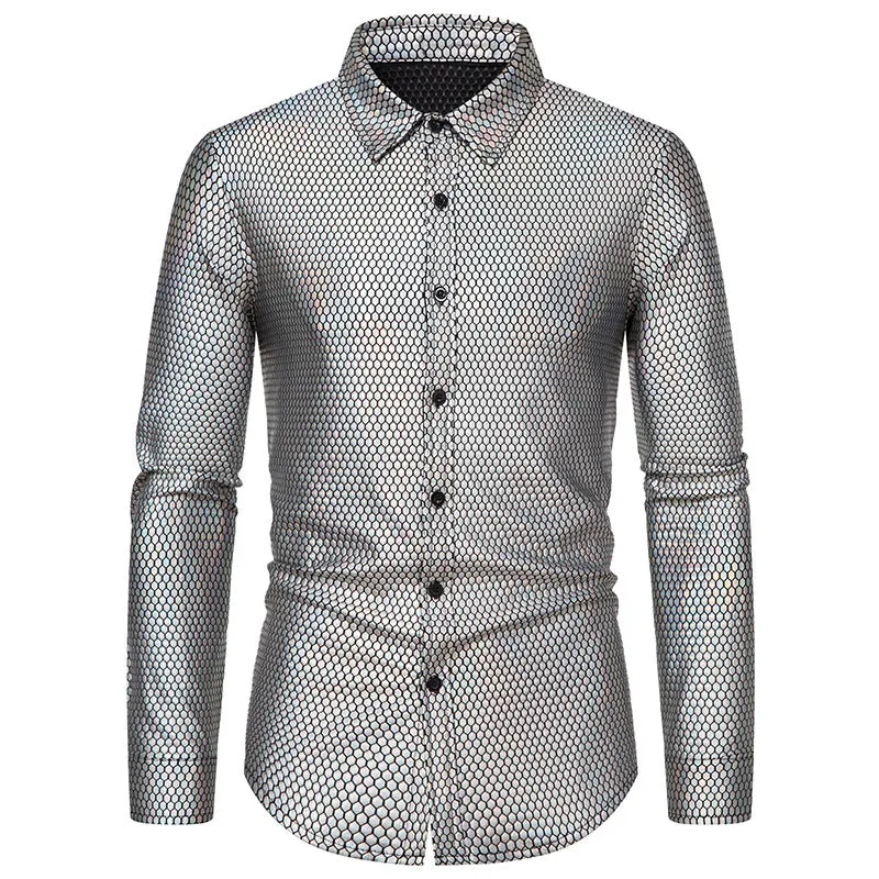 Men Turnover Collar Lattice Glossy Long Sleeves Shirt