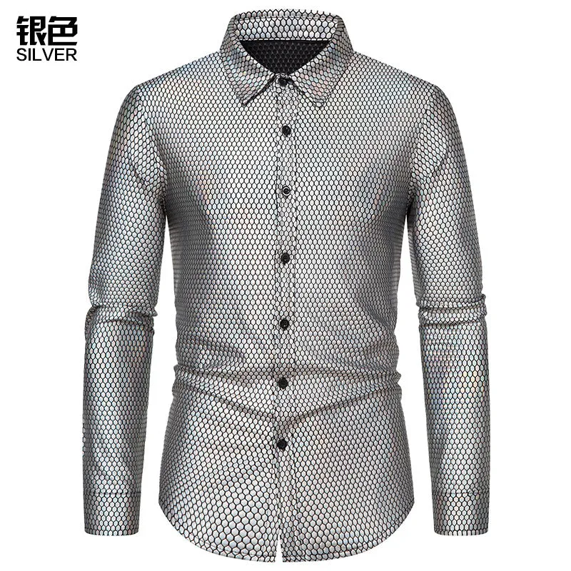 Men Turnover Collar Lattice Glossy Long Sleeves Shirt