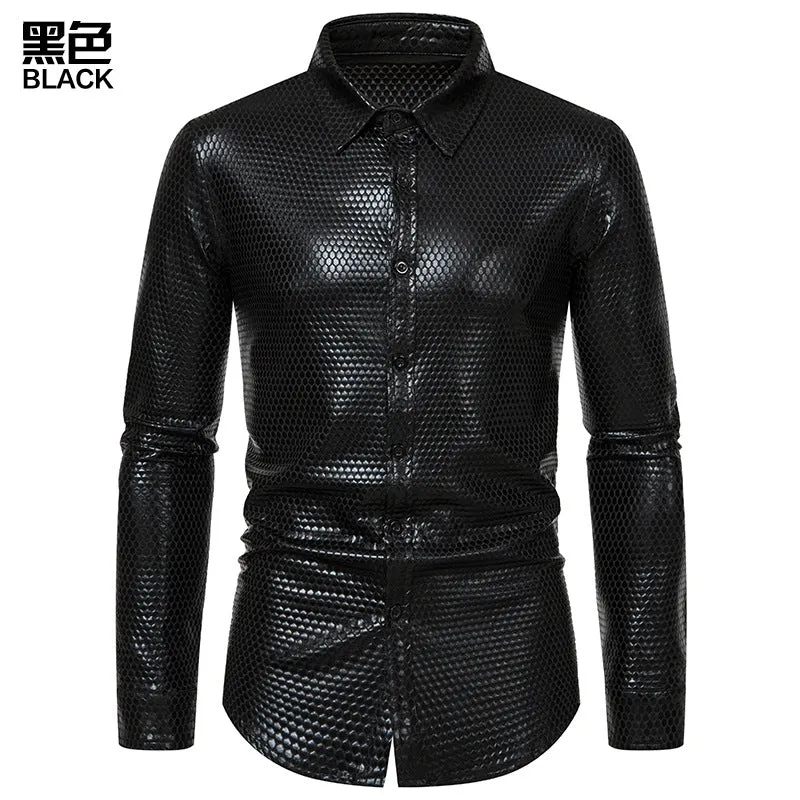 Men Turnover Collar Lattice Glossy Long Sleeves Shirt