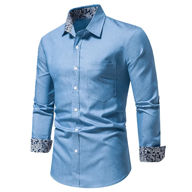 Men Turnover Collar Oriental Prints Long Sleeves Shirt