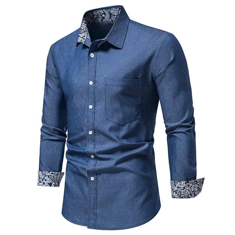 Men Turnover Collar Oriental Prints Long Sleeves Shirt