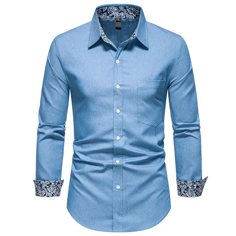 Men Turnover Collar Oriental Prints Long Sleeves Shirt