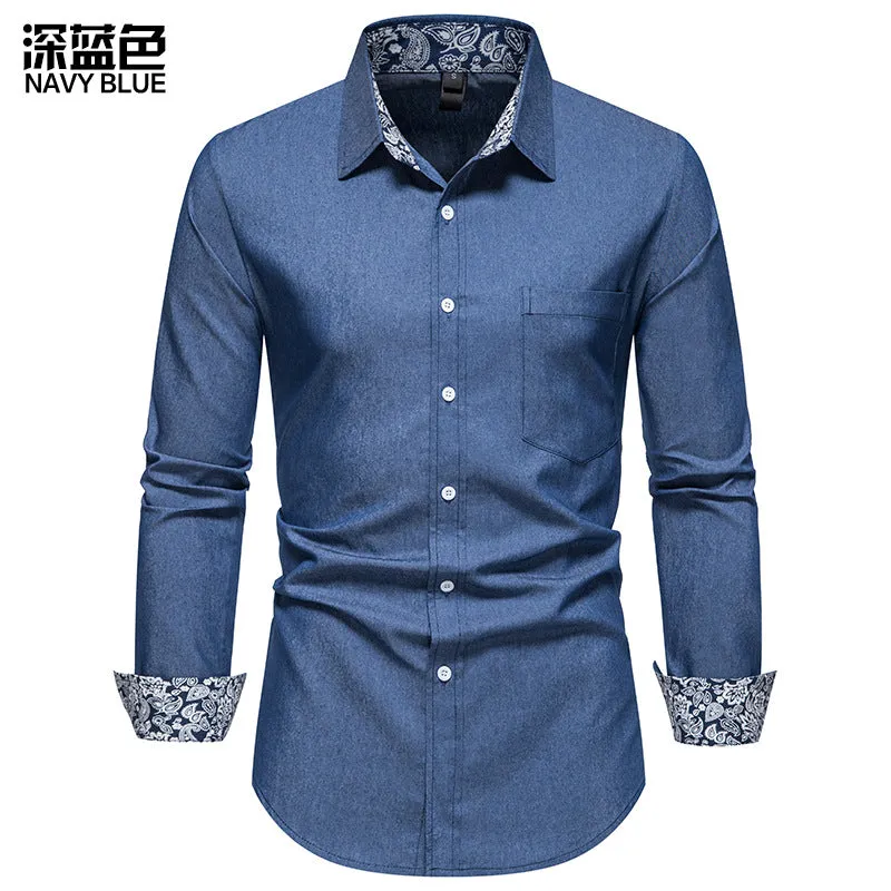 Men Turnover Collar Oriental Prints Long Sleeves Shirt