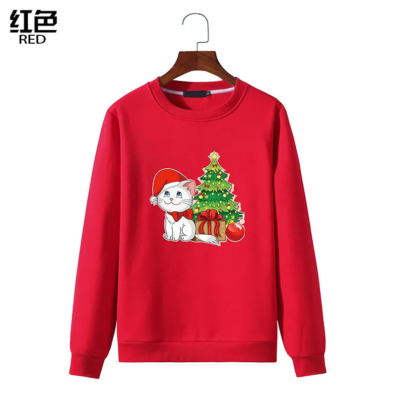 Men's Christmas Cat Print Round Neck Long Sleeve Sweatshirt