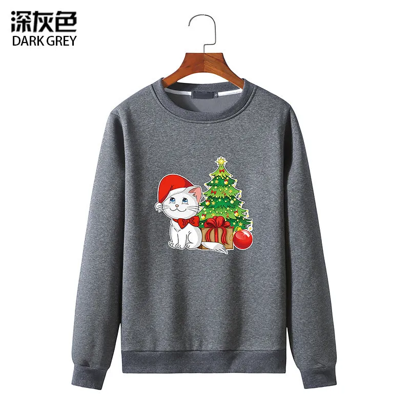 Men's Christmas Cat Print Round Neck Long Sleeve Sweatshirt