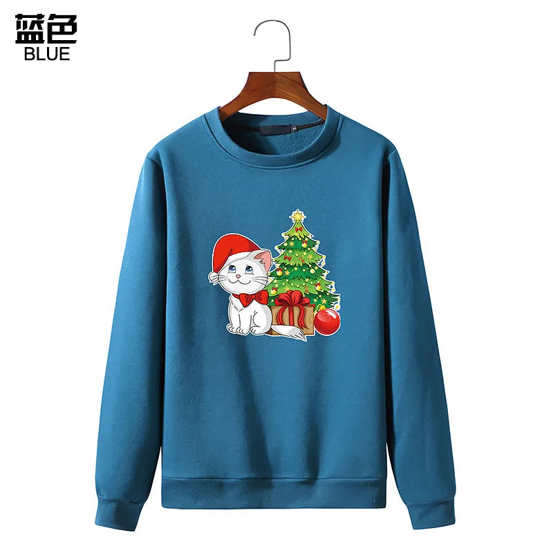 Men's Christmas Cat Print Round Neck Long Sleeve Sweatshirt