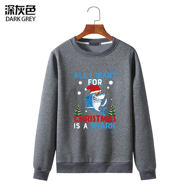 Men's Christmas Shark Print Round Neck Long Sleeve Sweatshirt