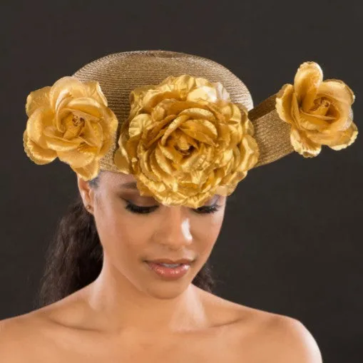 NA1067-Ladies gold straw church hat with flowers