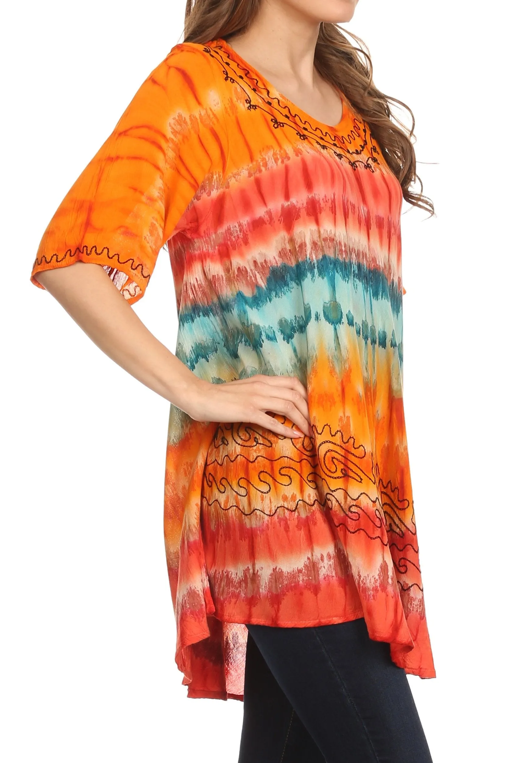 Sakkas Adela Batik Embroidered Tie Dye Sleevess Relaxed Fit Rayon Blouse / Top