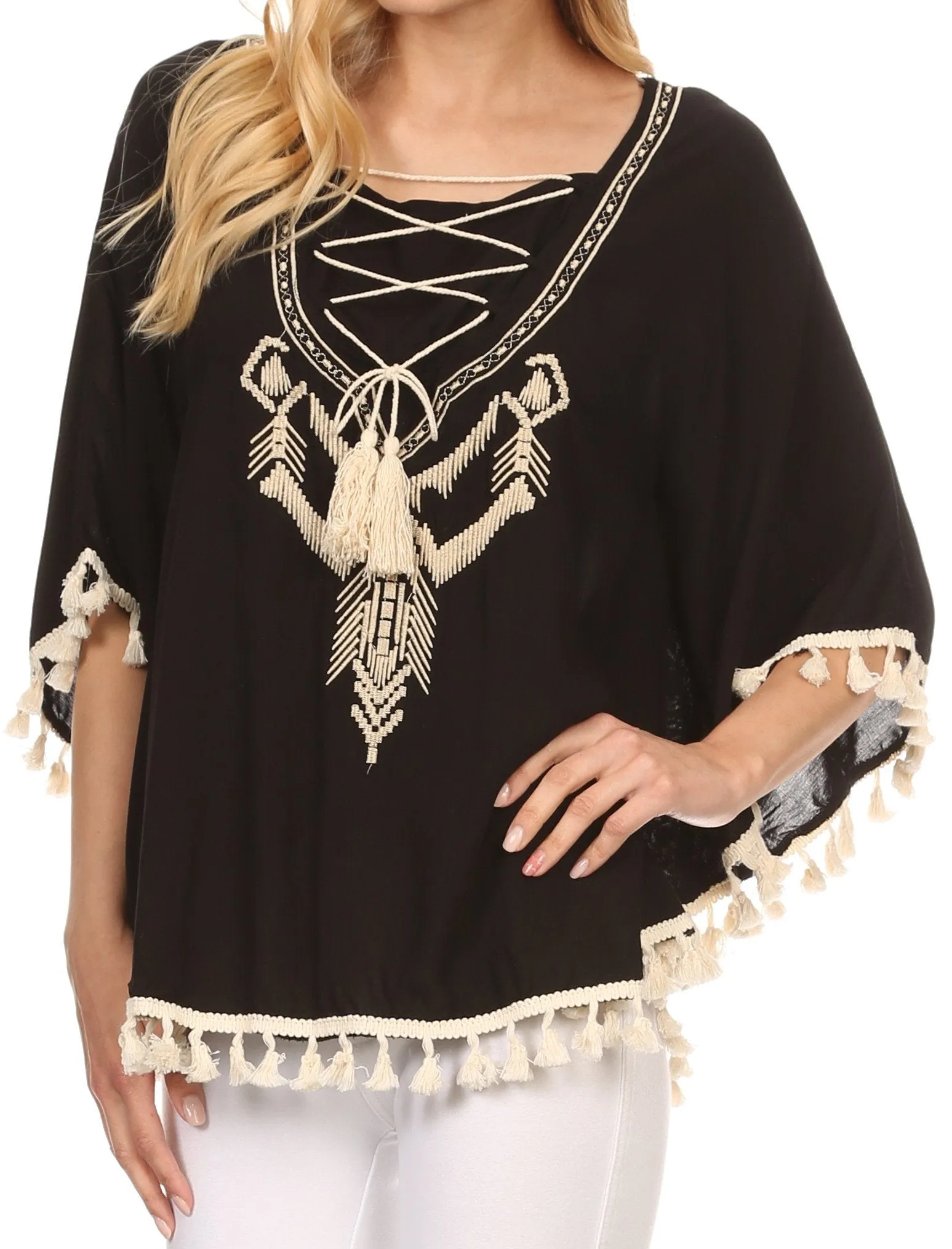 Sakkas Moonla Wide Embroidered Tassel Neck Closure Poncho Tunic Blouse Shirt Top