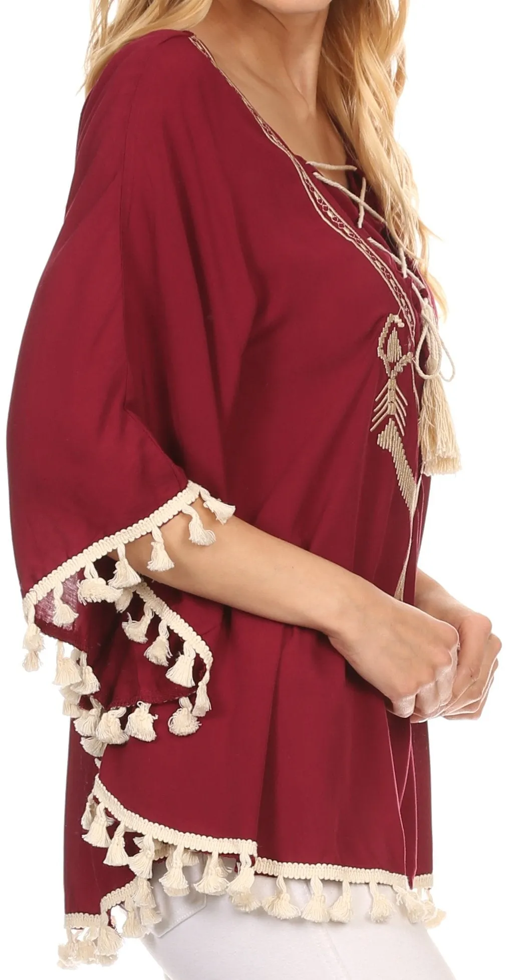 Sakkas Moonla Wide Embroidered Tassel Neck Closure Poncho Tunic Blouse Shirt Top