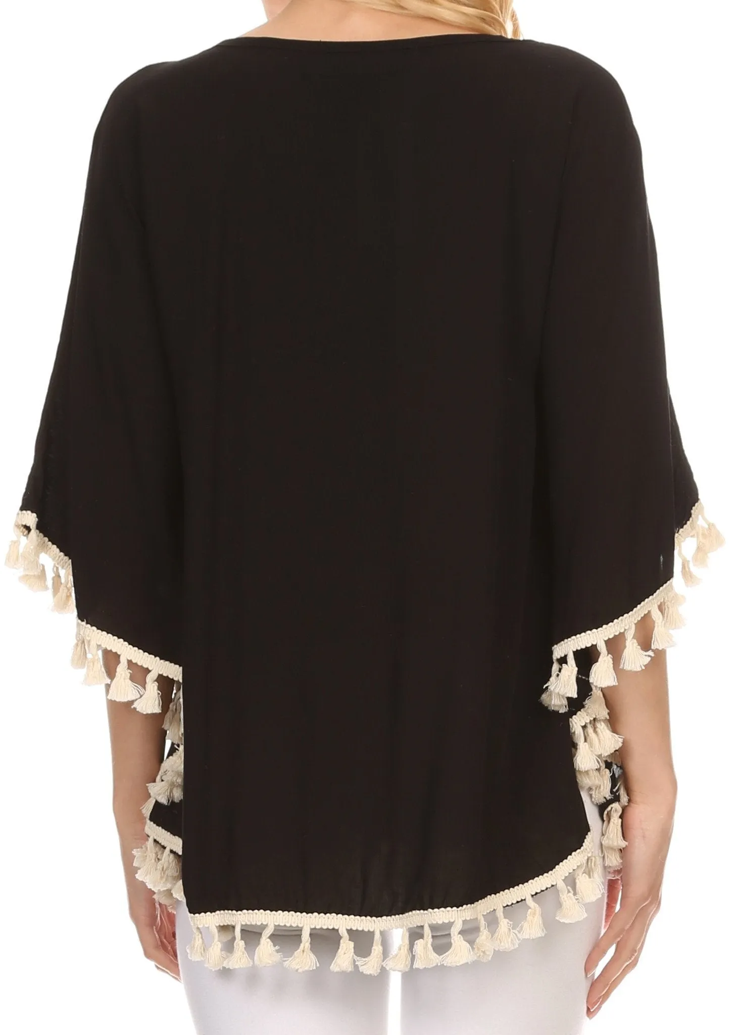 Sakkas Moonla Wide Embroidered Tassel Neck Closure Poncho Tunic Blouse Shirt Top