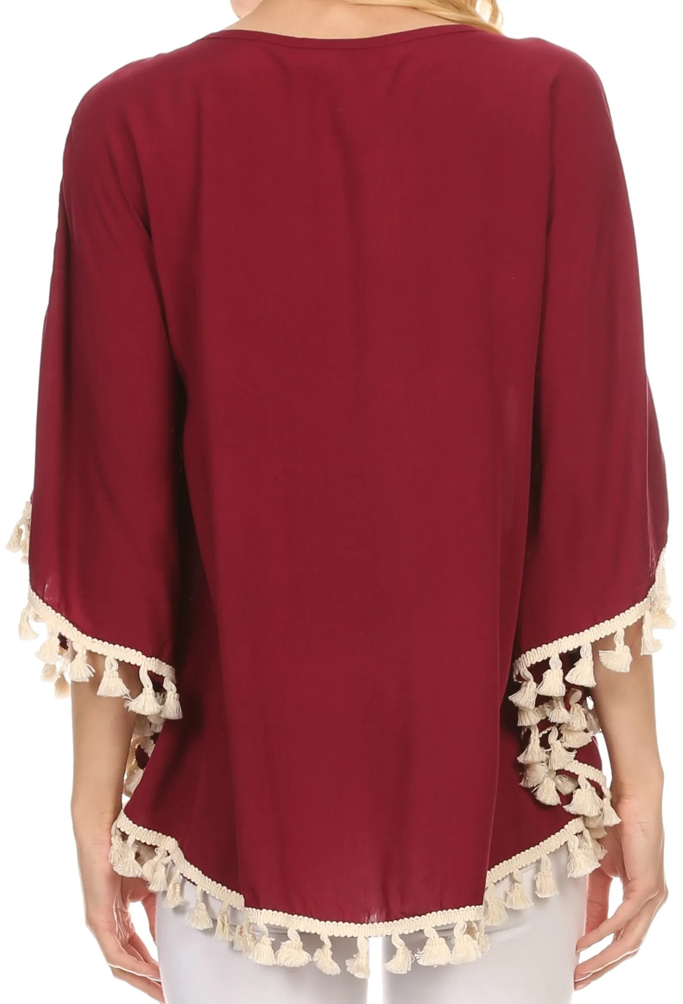 Sakkas Moonla Wide Embroidered Tassel Neck Closure Poncho Tunic Blouse Shirt Top