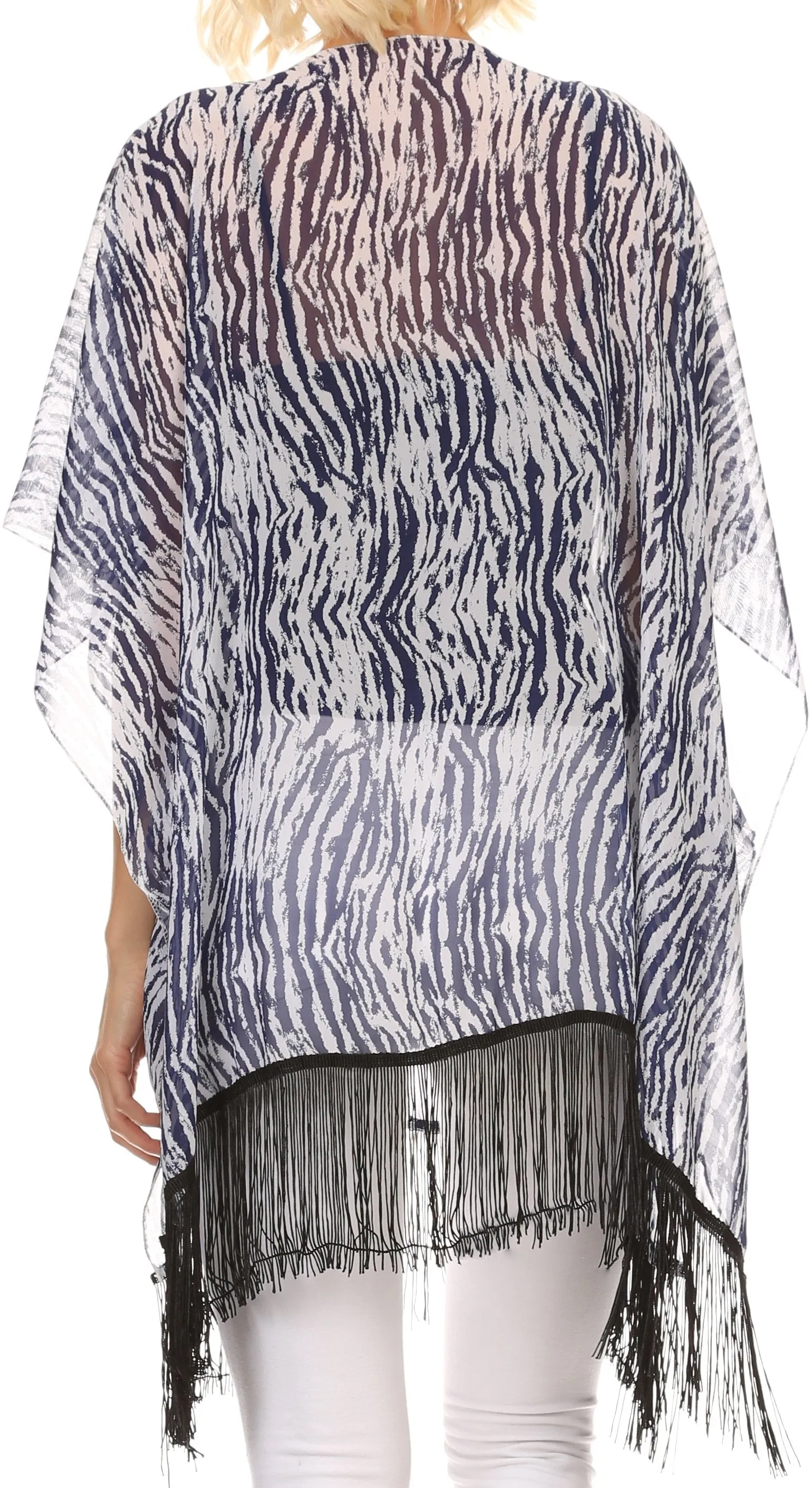 Sakkas Yew Long Wide Sheer Printed Fringe Bottom Short Draped Sleeve Kimono Top