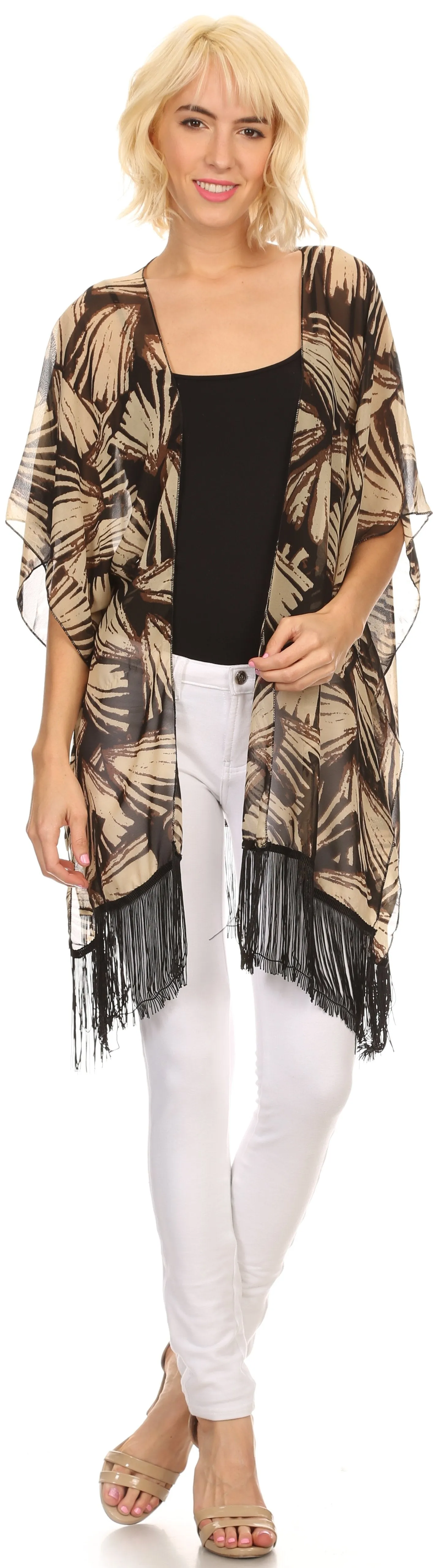 Sakkas Yew Long Wide Sheer Printed Fringe Bottom Short Draped Sleeve Kimono Top