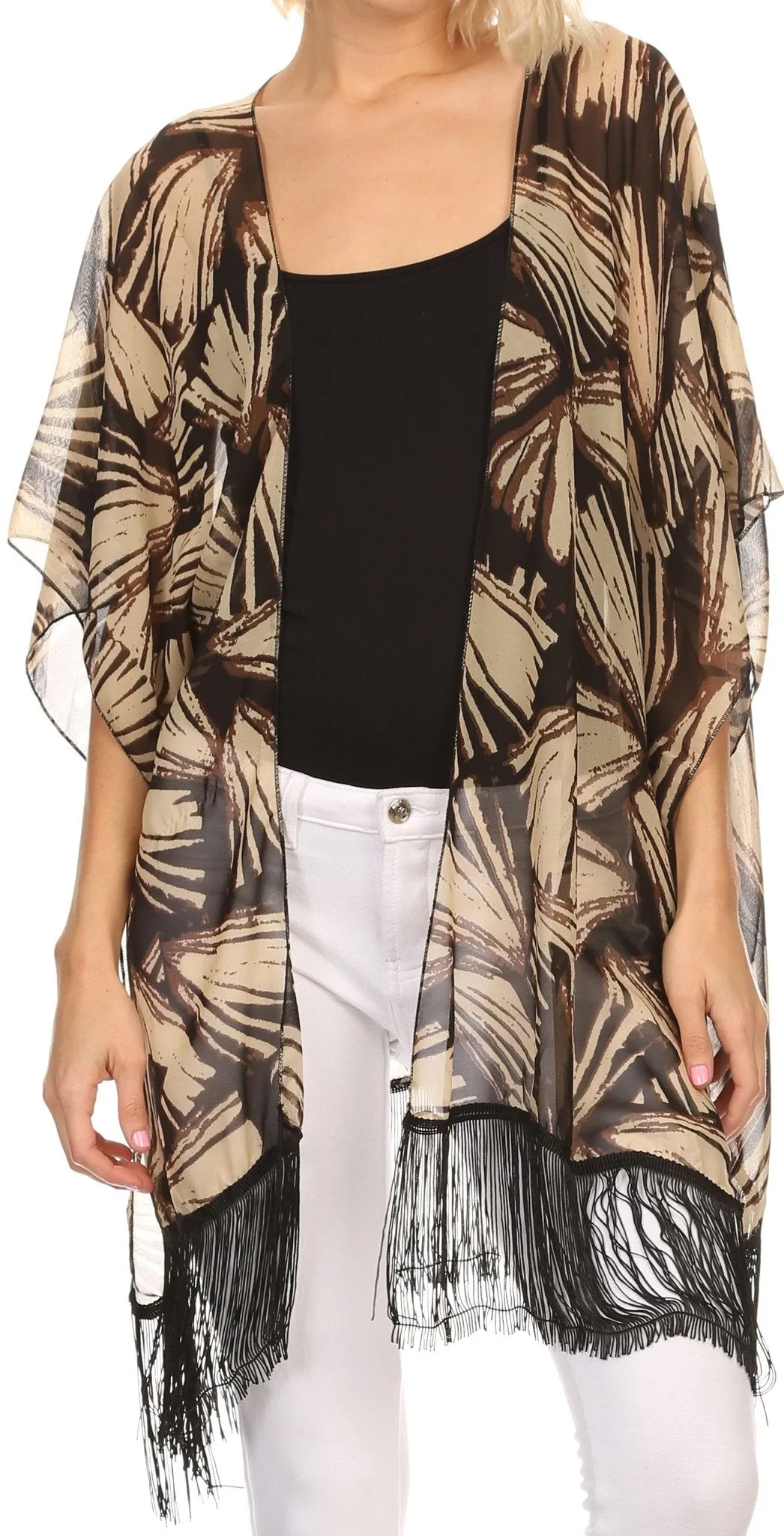 Sakkas Yew Long Wide Sheer Printed Fringe Bottom Short Draped Sleeve Kimono Top