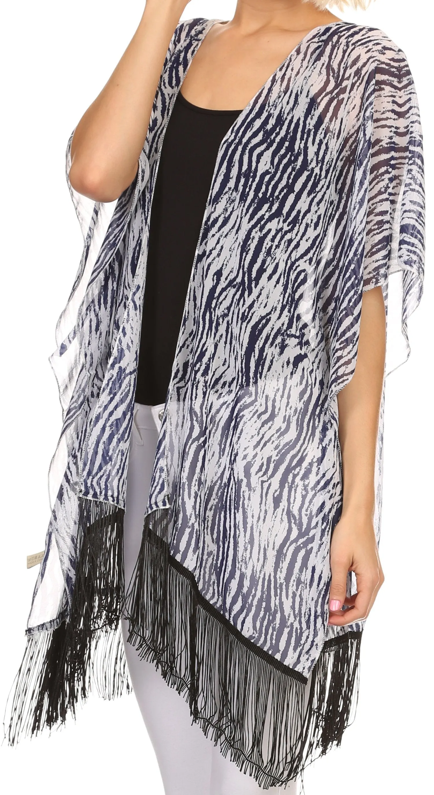 Sakkas Yew Long Wide Sheer Printed Fringe Bottom Short Draped Sleeve Kimono Top