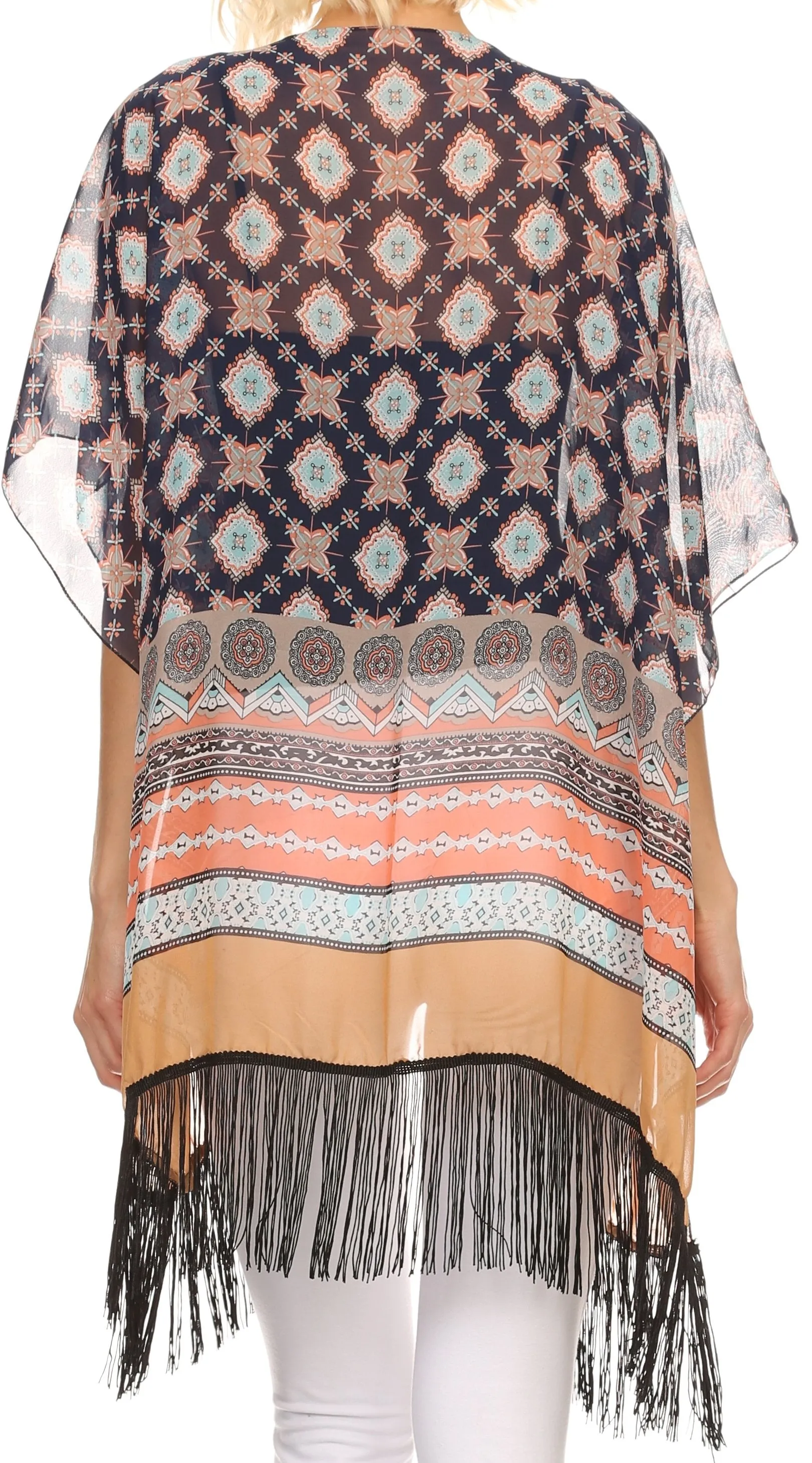 Sakkas Yew Long Wide Sheer Printed Fringe Bottom Short Draped Sleeve Kimono Top