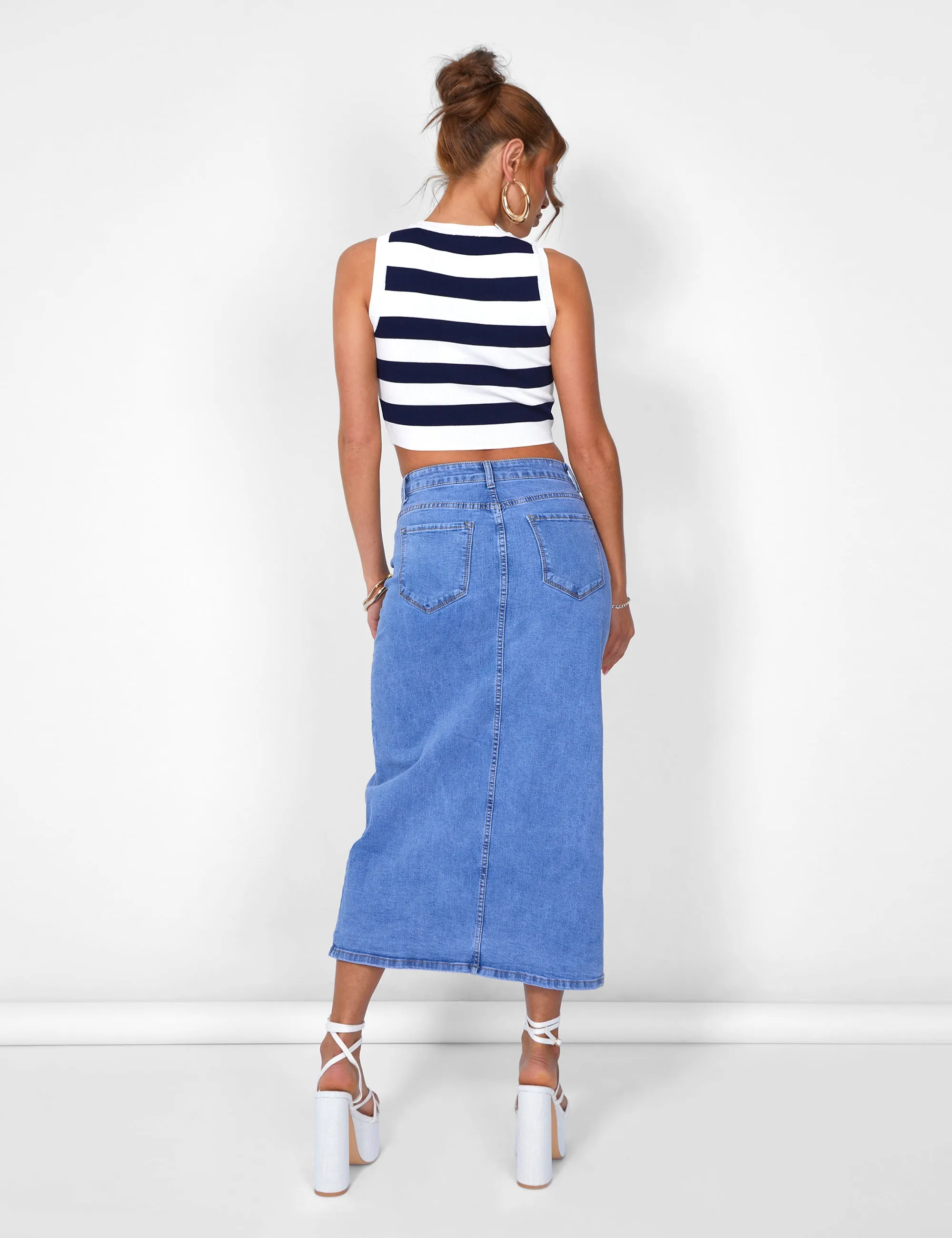 Stripe Knitted Crop Racer Top Ecru