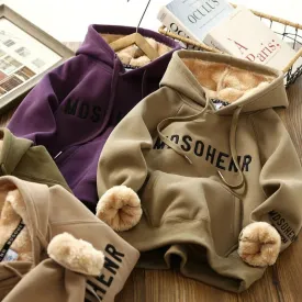 Winter Kids Thick Sweatshirt Clothes Autumn Boys Girls Lamb's Wool Padded Warm Hoodies Big Children Letter Print Pullover Tops