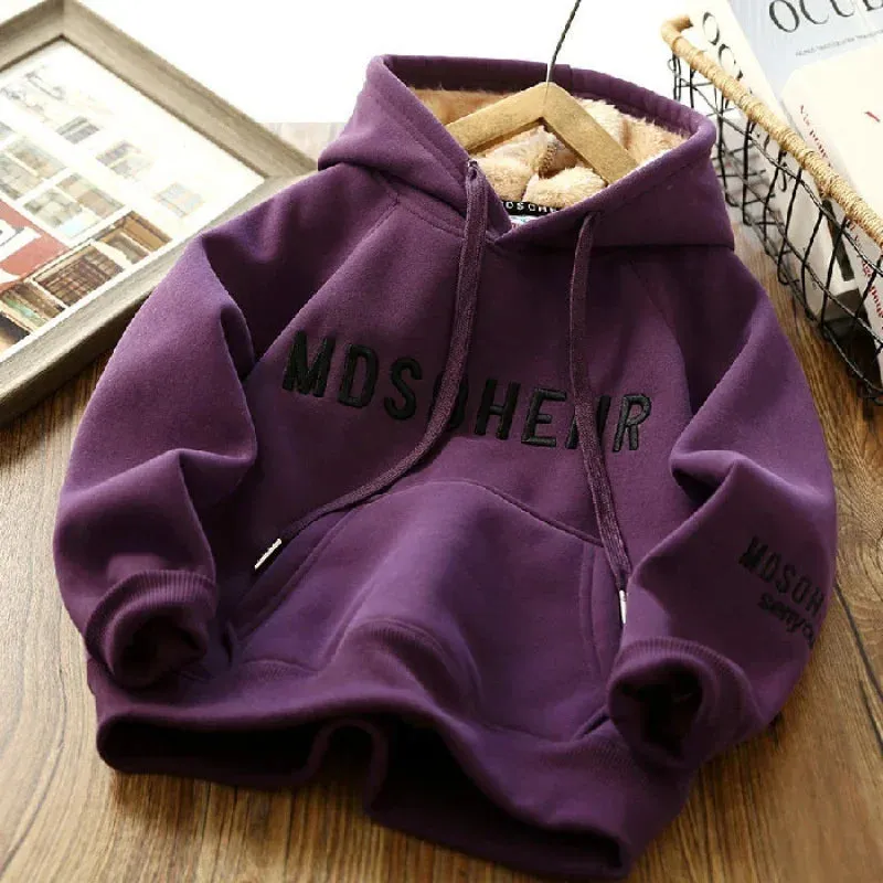 Winter Kids Thick Sweatshirt Clothes Autumn Boys Girls Lamb's Wool Padded Warm Hoodies Big Children Letter Print Pullover Tops