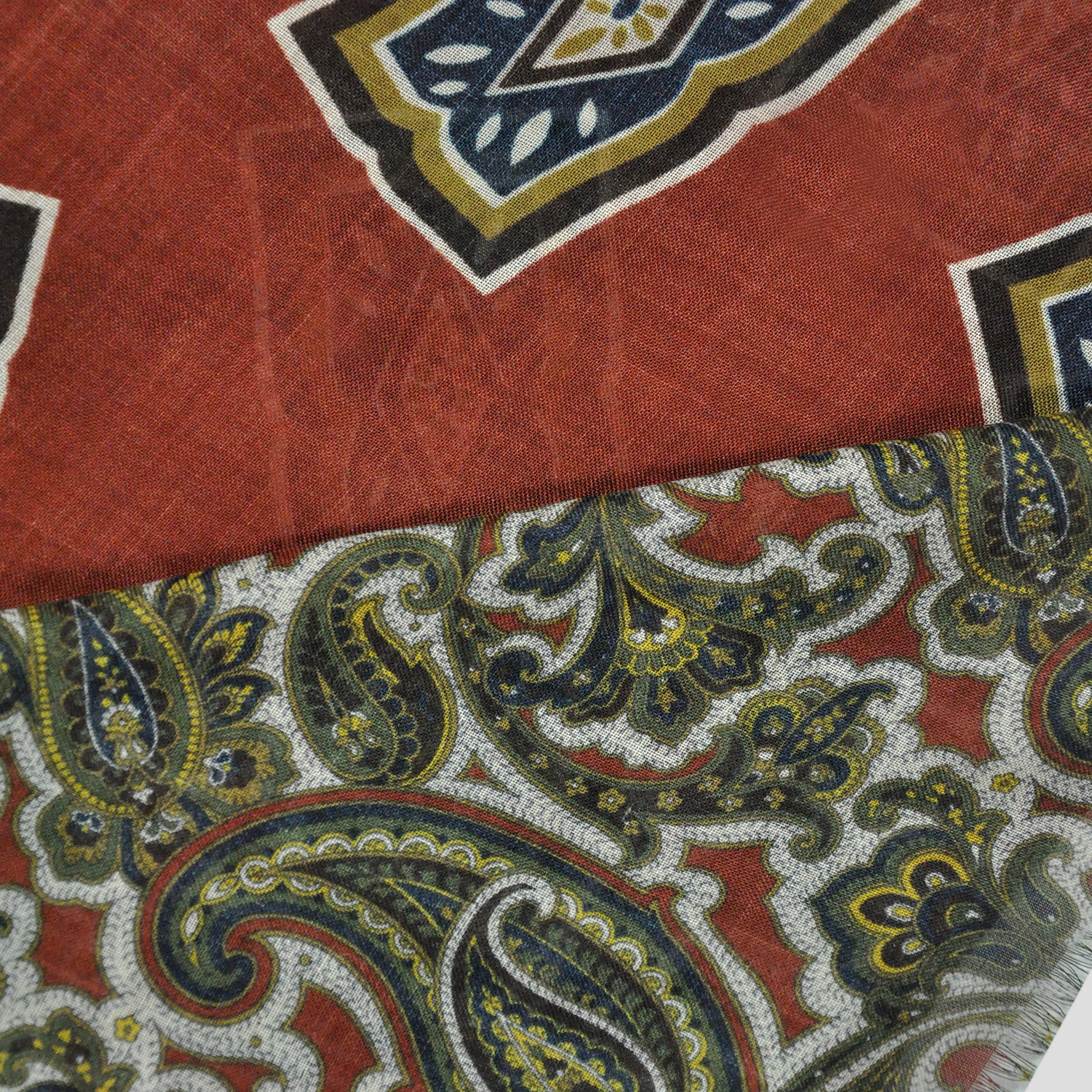 Wool Silk Double Panel Scarf in Paisley & Florets in Rusty Borwn & Olive